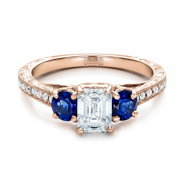 18k Rose Gold 18k Rose Gold Custom Emerald Cut Diamond And Blue Sapphire Engagement Ring - Flat View - 101242