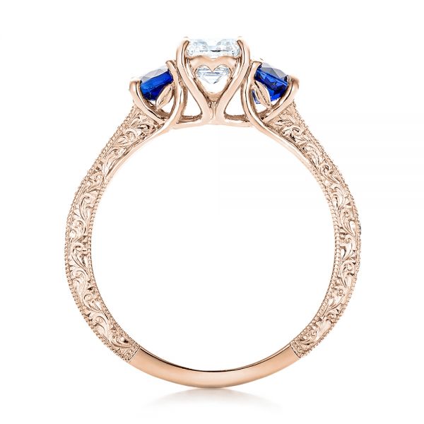 18k Rose Gold 18k Rose Gold Custom Emerald Cut Diamond And Blue Sapphire Engagement Ring - Front View -  101242