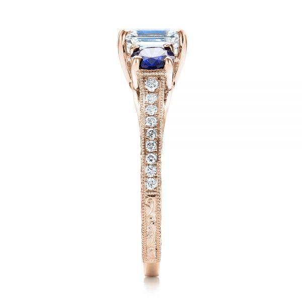 18k Rose Gold 18k Rose Gold Custom Emerald Cut Diamond And Blue Sapphire Engagement Ring - Side View -  101242