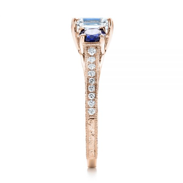 18k Rose Gold 18k Rose Gold Custom Emerald Cut Diamond And Blue Sapphire Engagement Ring - Side View - 101242
