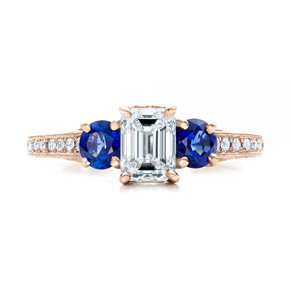 18k Rose Gold 18k Rose Gold Custom Emerald Cut Diamond And Blue Sapphire Engagement Ring - Top View - 101242