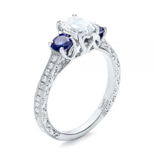 Custom Emerald Cut Diamond and Blue Sapphire Engagement Ring - Image