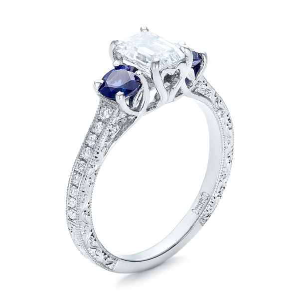  Platinum Platinum Custom Emerald Cut Diamond And Blue Sapphire Engagement Ring - Three-Quarter View -  101242