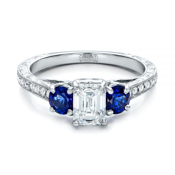 Platinum Platinum Custom Emerald Cut Diamond And Blue Sapphire Engagement Ring - Flat View - 101242