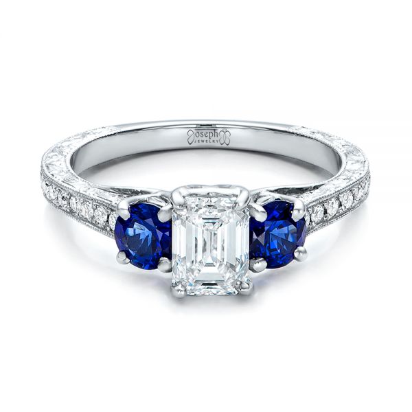  Platinum Platinum Custom Emerald Cut Diamond And Blue Sapphire Engagement Ring - Flat View -  101242