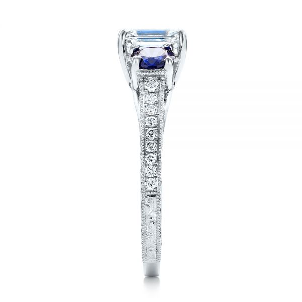 14k White Gold 14k White Gold Custom Emerald Cut Diamond And Blue Sapphire Engagement Ring - Side View -  101242