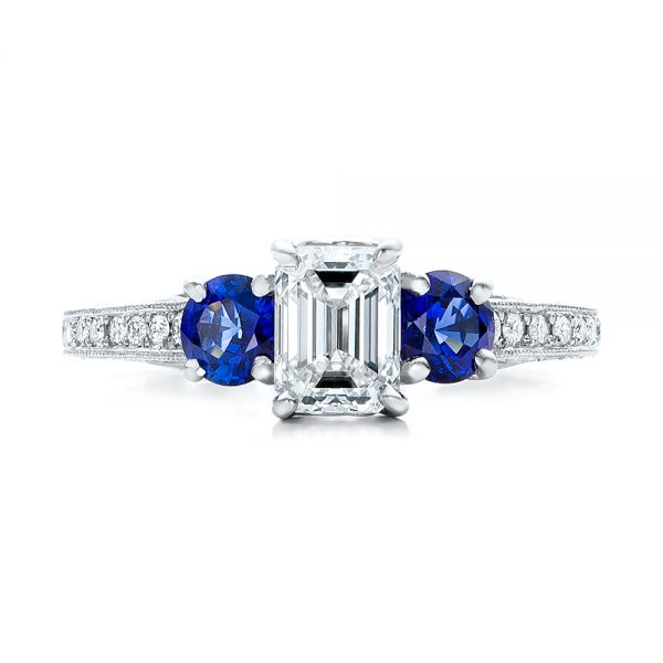  Platinum Platinum Custom Emerald Cut Diamond And Blue Sapphire Engagement Ring - Top View -  101242