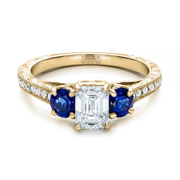 18k Yellow Gold 18k Yellow Gold Custom Emerald Cut Diamond And Blue Sapphire Engagement Ring - Flat View -  101242
