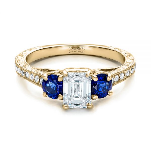14k Yellow Gold 14k Yellow Gold Custom Emerald Cut Diamond And Blue Sapphire Engagement Ring - Flat View - 101242