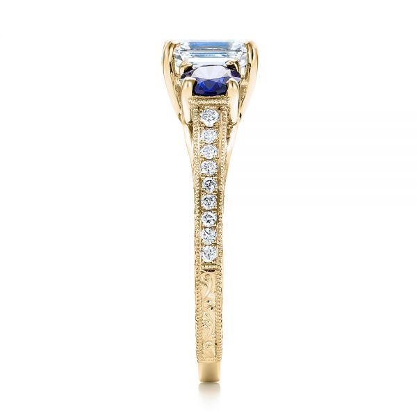 18k Yellow Gold 18k Yellow Gold Custom Emerald Cut Diamond And Blue Sapphire Engagement Ring - Side View -  101242