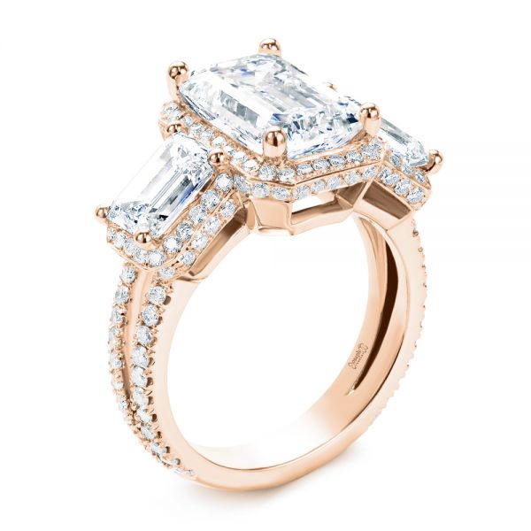 18k Rose Gold 18k Rose Gold Custom Emerald Cut Three Stone Engagement Ring - Three-Quarter View -  107263 - Thumbnail