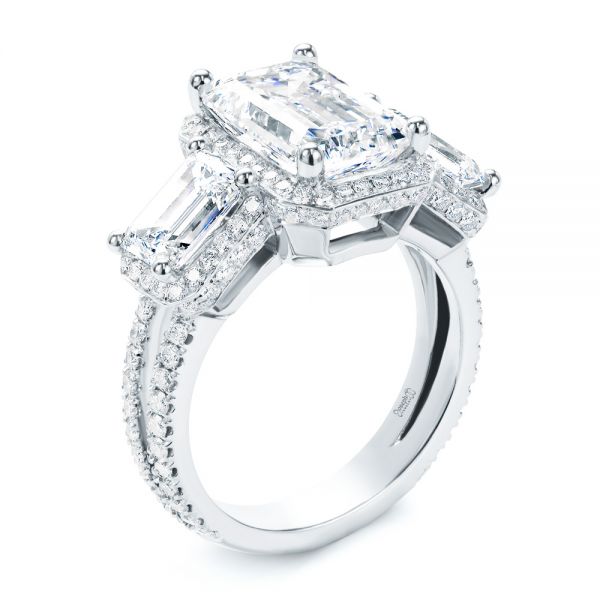 14k White Gold Custom Emerald Cut Three Stone Engagement Ring - Three-Quarter View -  107263