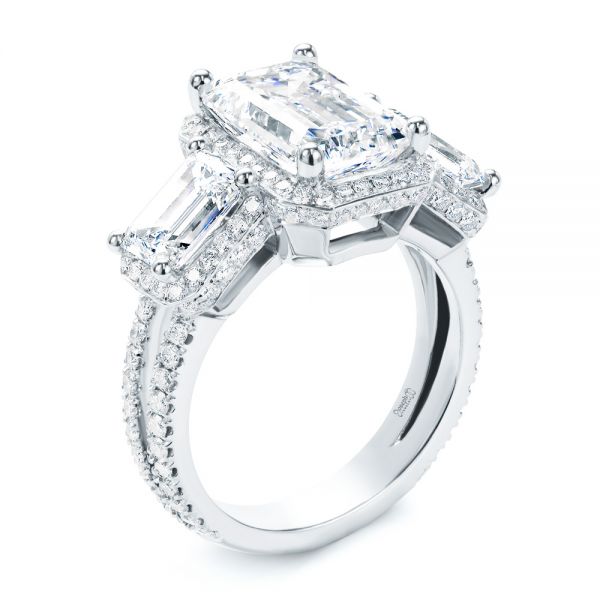  Platinum Platinum Custom Emerald Cut Three Stone Engagement Ring - Three-Quarter View -  107263