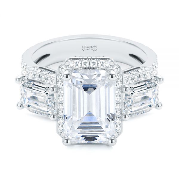 14k White Gold Custom Emerald Cut Three Stone Engagement Ring - Flat View -  107263