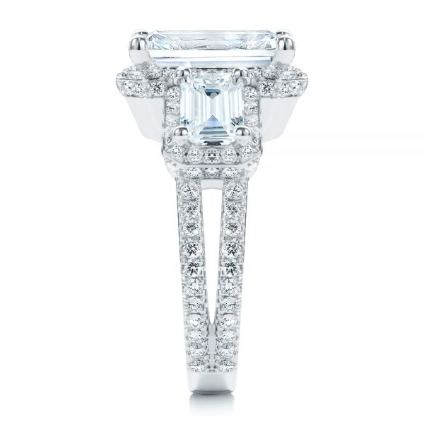 14k White Gold Custom Emerald Cut Three Stone Engagement Ring - Side View -  107263