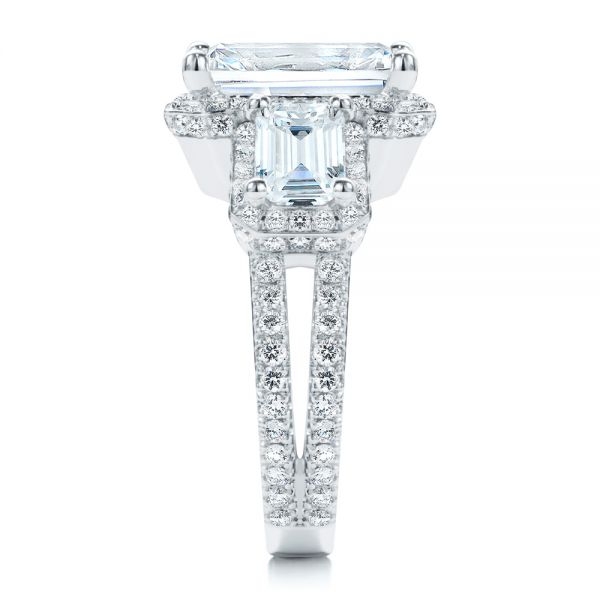 14k White Gold Custom Emerald Cut Three Stone Engagement Ring - Side View - 107263