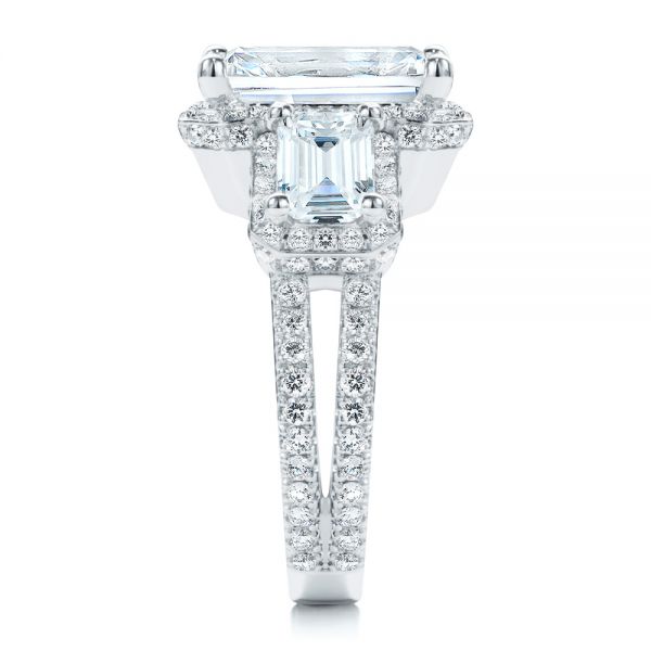 14k White Gold Custom Emerald Cut Three Stone Engagement Ring - Side View -  107263 - Thumbnail