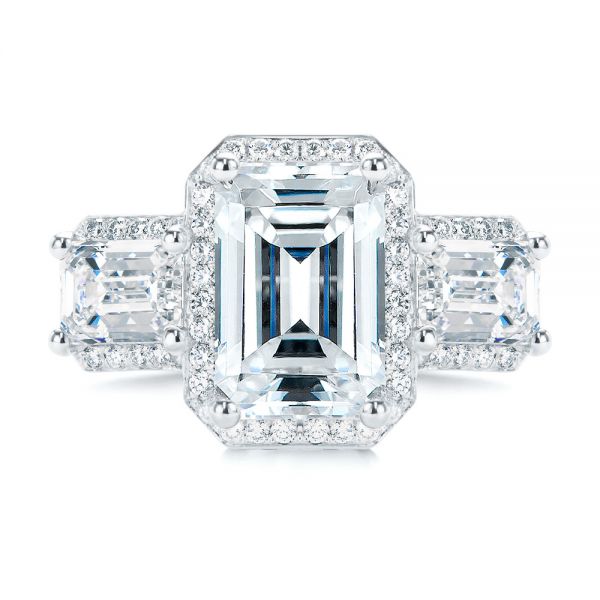 14k White Gold Custom Emerald Cut Three Stone Engagement Ring - Top View -  107263