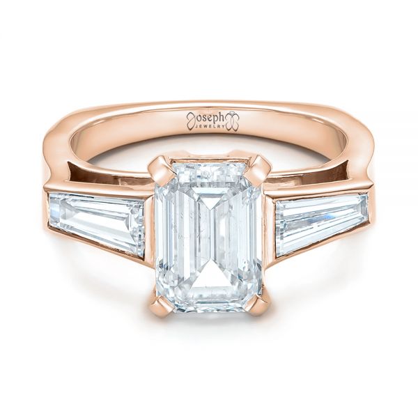 14k Rose Gold 14k Rose Gold Custom Emerald Cut And Baguette Diamond Engagement Ring - Flat View -  101284