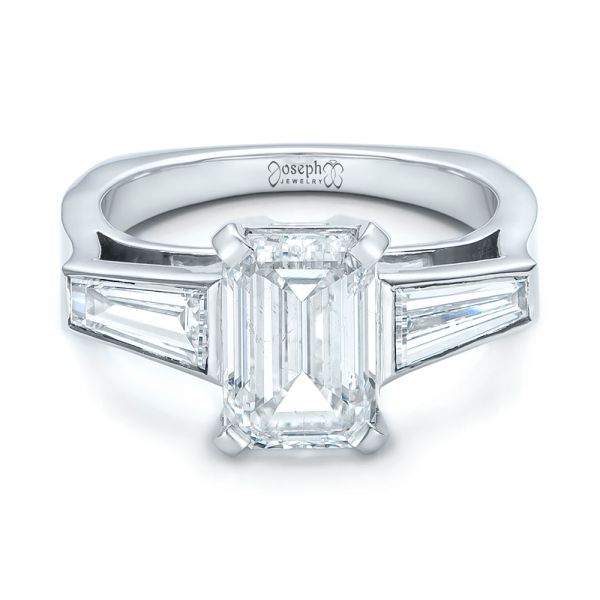 14k White Gold Custom Emerald Cut And Baguette Diamond Engagement Ring - Flat View - 101284