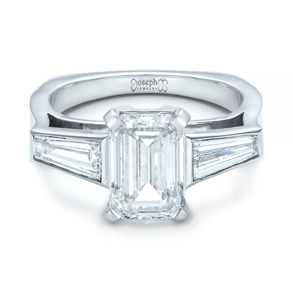 14k White Gold Custom Emerald Cut And Baguette Diamond Engagement Ring - Flat View -  101284