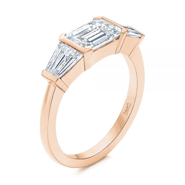 18k Rose Gold 18k Rose Gold Custom Emerald Cut And Tapered Baguette Diamond Engagement Ring - Three-Quarter View -  106143