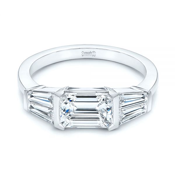 18k White Gold 18k White Gold Custom Emerald Cut And Tapered Baguette Diamond Engagement Ring - Flat View -  106143