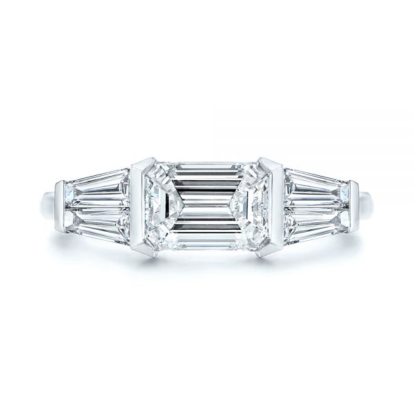 14k White Gold Custom Emerald Cut And Tapered Baguette Diamond Engagement Ring - Top View -  106143