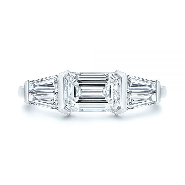 14k White Gold Custom Emerald Cut And Tapered Baguette Diamond Engagement Ring - Top View -  106143 - Thumbnail