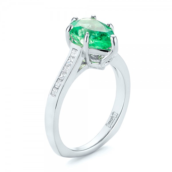 18k White Gold Custom Emerald And Diamond Engagement Ring - Three-Quarter View -  103631