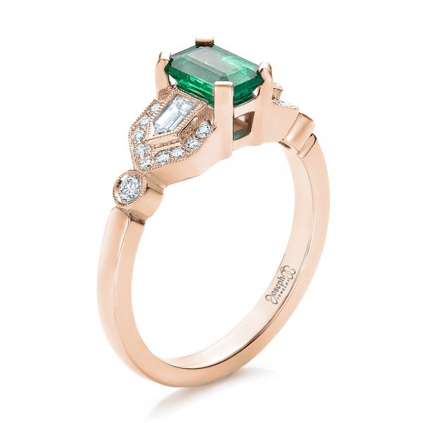 14k Rose Gold 14k Rose Gold Custom Emerald And Diamond Engagement Ring - Three-Quarter View - 100286