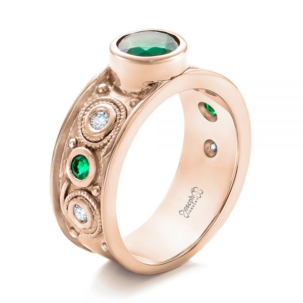 18k Rose Gold 18k Rose Gold Custom Emerald And Diamond Engagement Ring - Three-Quarter View -  102099