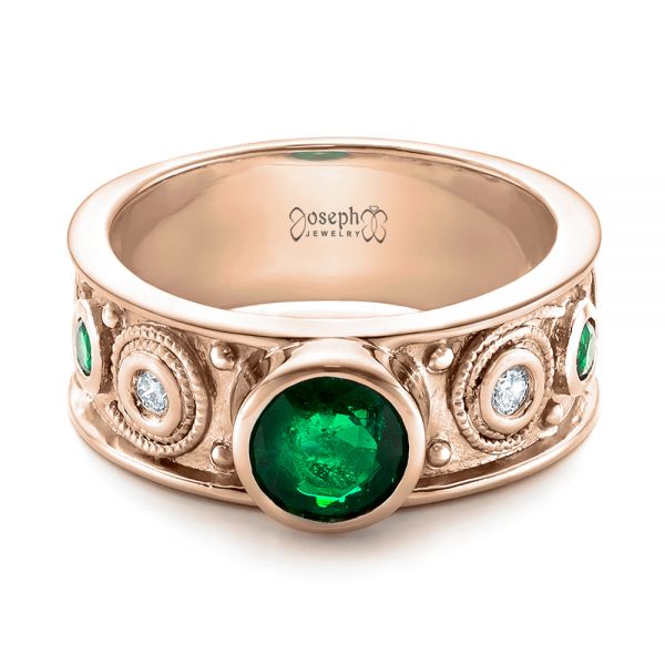 18k Rose Gold 18k Rose Gold Custom Emerald And Diamond Engagement Ring - Flat View -  102099