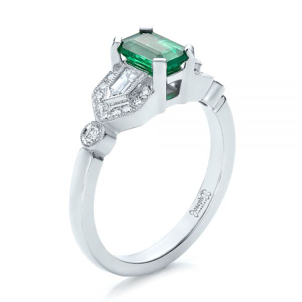 14k White Gold Custom Emerald And Diamond Engagement Ring - Three-Quarter View -  100286
