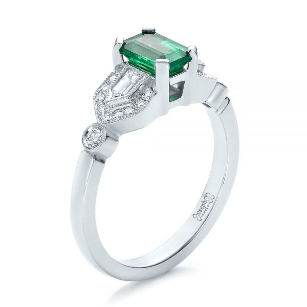14k White Gold Custom Emerald And Diamond Engagement Ring - Three-Quarter View - 100286