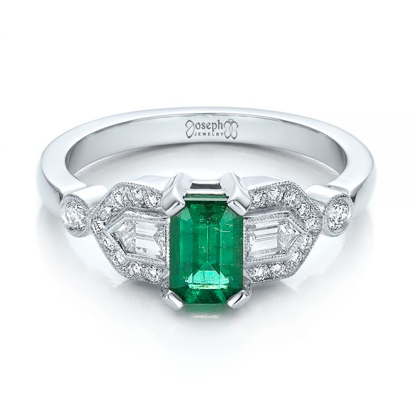 14k White Gold Custom Emerald And Diamond Engagement Ring - Flat View - 100286