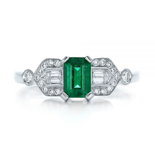 14k White Gold Custom Emerald And Diamond Engagement Ring - Top View - 100286