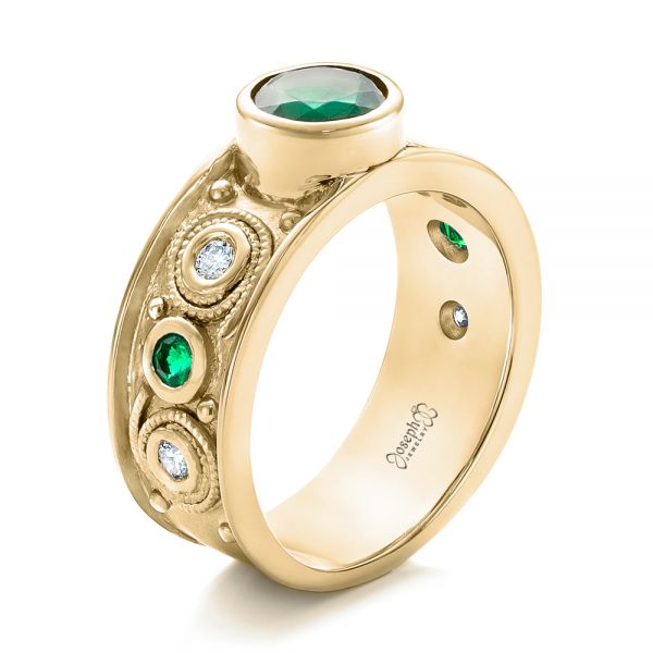 18k Yellow Gold 18k Yellow Gold Custom Emerald And Diamond Engagement Ring - Three-Quarter View -  102099