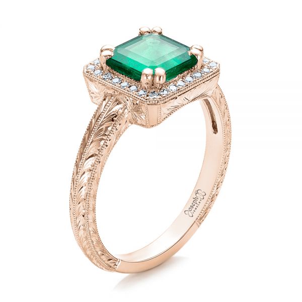 18k Rose Gold 18k Rose Gold Custom Emerald And Diamond Halo Engagement Ring - Three-Quarter View -  101276