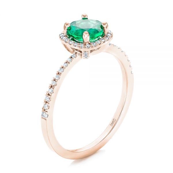 14k Rose Gold 14k Rose Gold Custom Emerald And Diamond Halo Engagement Ring - Three-Quarter View -  102483