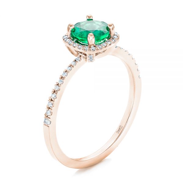 18k Rose Gold 18k Rose Gold Custom Emerald And Diamond Halo Engagement Ring - Three-Quarter View - 102483
