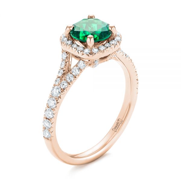 14k Rose Gold 14k Rose Gold Custom Emerald And Diamond Halo Engagement Ring - Three-Quarter View -  103476