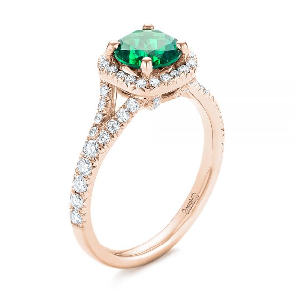 18k Rose Gold 18k Rose Gold Custom Emerald And Diamond Halo Engagement Ring - Three-Quarter View - 103476