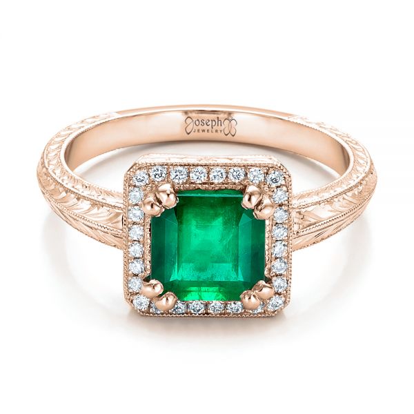 18k Rose Gold 18k Rose Gold Custom Emerald And Diamond Halo Engagement Ring - Flat View -  101276