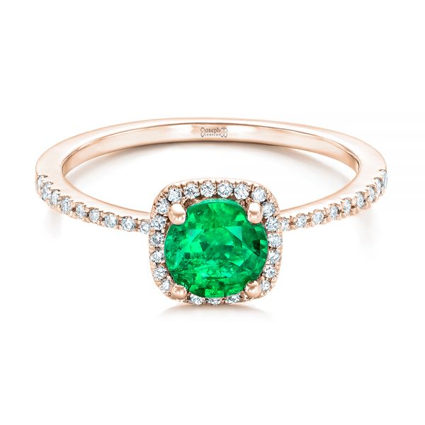 18k Rose Gold 18k Rose Gold Custom Emerald And Diamond Halo Engagement Ring - Flat View -  102483