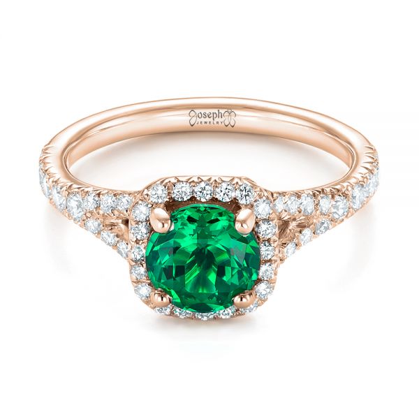 14k Rose Gold 14k Rose Gold Custom Emerald And Diamond Halo Engagement Ring - Flat View -  103476