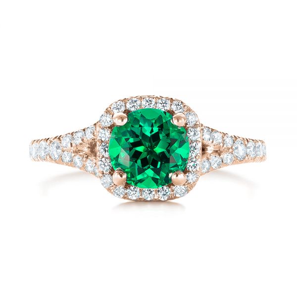 18k Rose Gold 18k Rose Gold Custom Emerald And Diamond Halo Engagement Ring - Top View - 103476