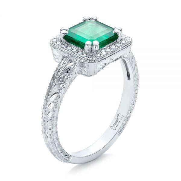  Platinum Custom Emerald And Diamond Halo Engagement Ring - Three-Quarter View -  101276