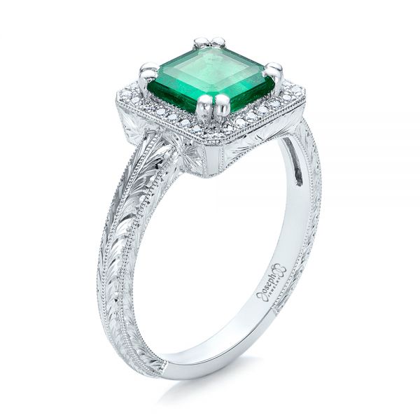 18k White Gold 18k White Gold Custom Emerald And Diamond Halo Engagement Ring - Three-Quarter View -  101276