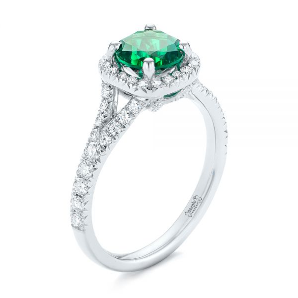 14k White Gold 14k White Gold Custom Emerald And Diamond Halo Engagement Ring - Three-Quarter View -  103476